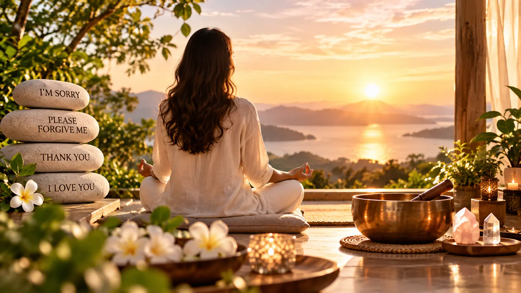 Illustrative Tears of Joy Ho'oponopono meditation overlooking a sunrise