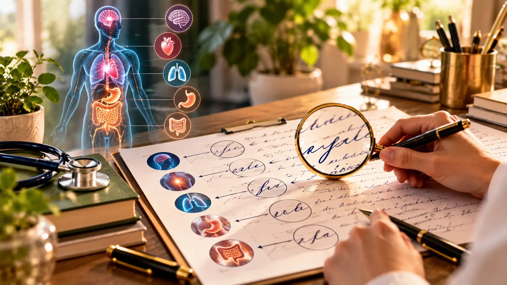 Illustrative health-in-handwriting scene with anatomy symbols and magnified handwriting