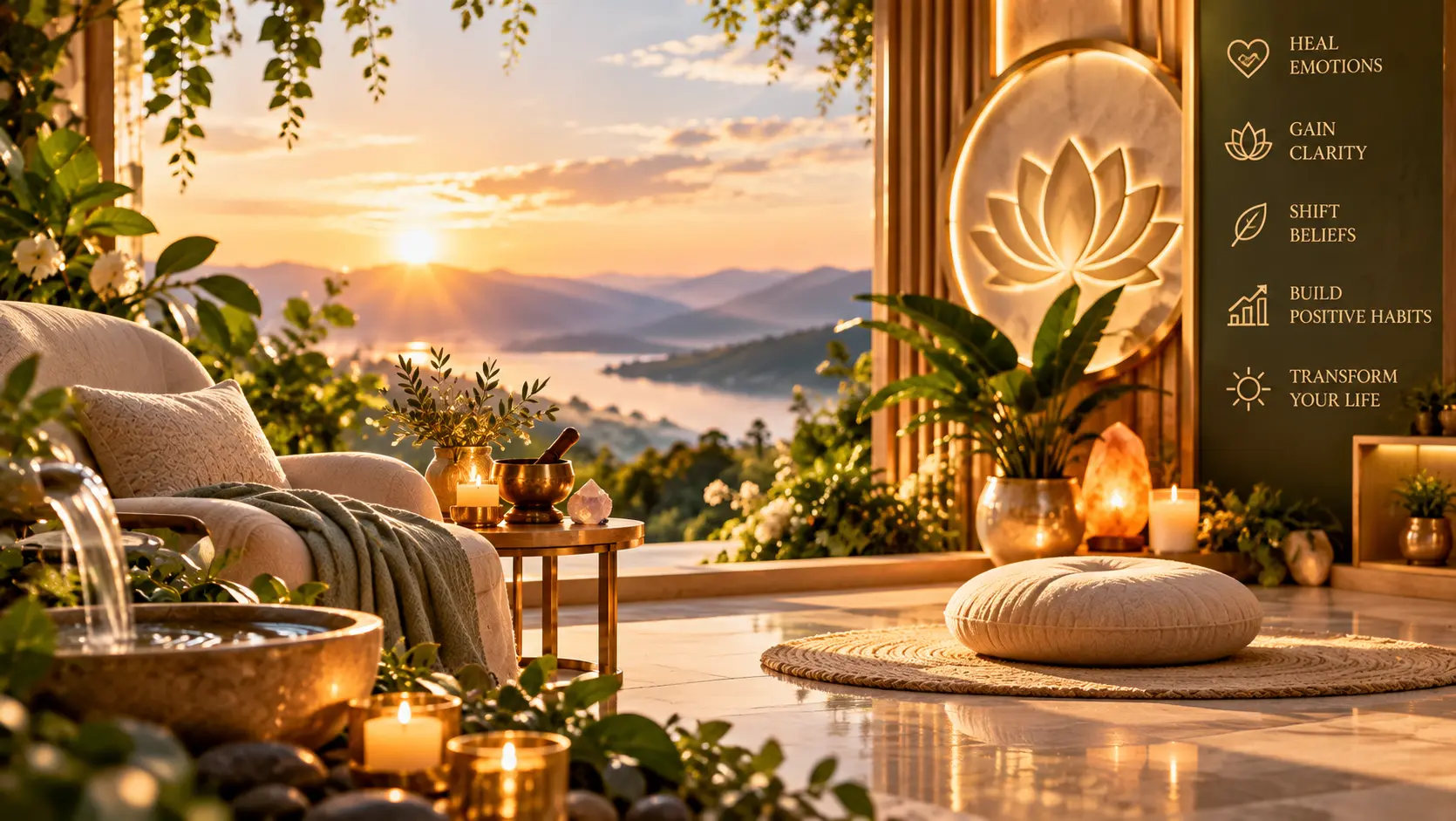 Illustrative life coaching and healing space overlooking a serene landscape